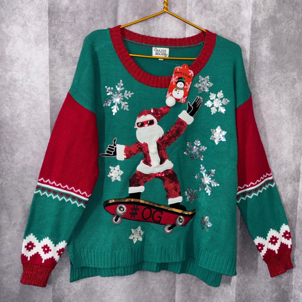 NWT Major Major Skateboard Santa Ugly Christmas Sweater Womens XL Green Red